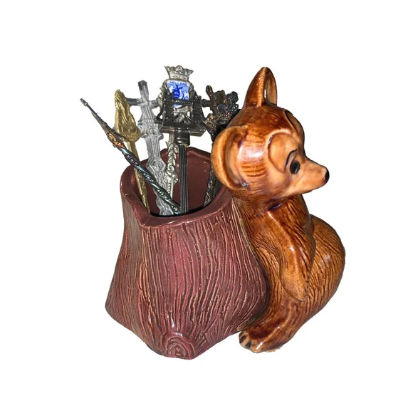 Vintage Brown Bear & Tree Stump Ceramic Spoon Holder flower vase - Picture 1 of 10